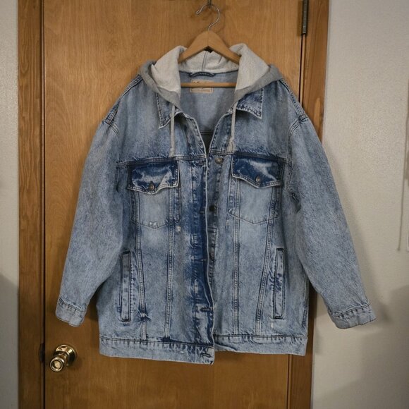 Free People Flawless Hooded Denim Jacket Womens Large Oversized Blue EUC - Picture 2 of 4
